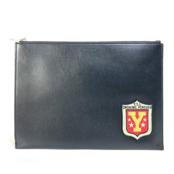 SAINT LAURENT PARIS Pouch Logo patch Bag Clutch bag Leather Black - Picture 1 of 14